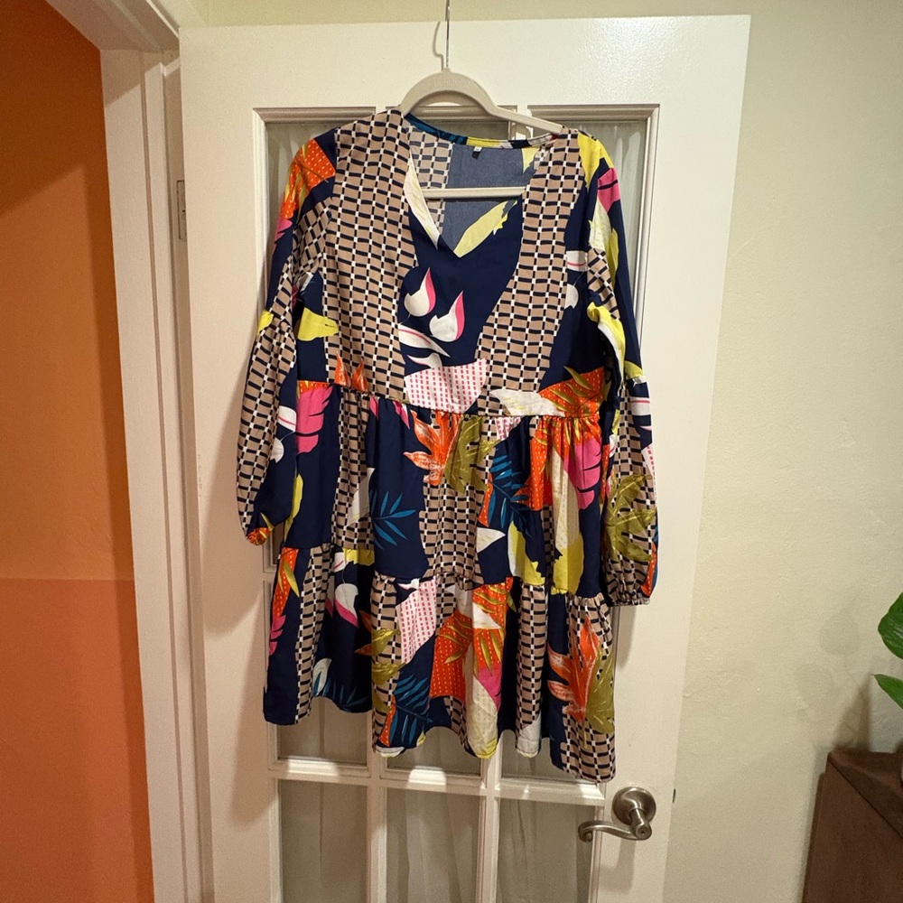 Blue and Orange Fit and Flare Casual Dress with Bishop Sleeves